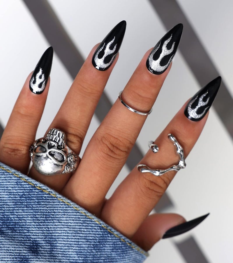 morily Black Press on Stiletto Nails Medium Length Glossy Fake Nails with Fire Pattern Design Acrylic Stick on Nails Long Full Cover Artificial False Nails Manicure for Women (Black Flame) - Image 1